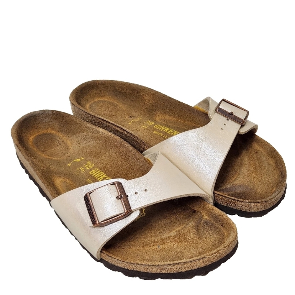 BIRKENSTOCK Madrid Iridescent Pearl Leather Sz 39/8-8.5 Copper Buckle Sandals - Picture 2 of 14